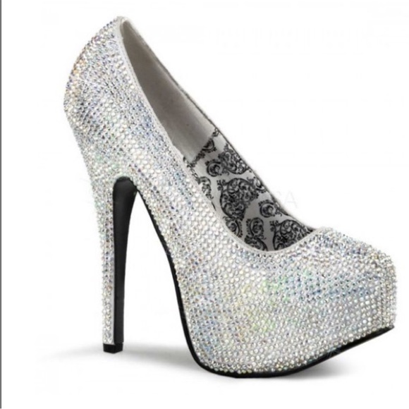 TEEZE-06R SILVER SATIN-IRIDESCENT RHINESTONE PLATFORM PUMPS STRIPPER HEELS - Picture 1 of 3